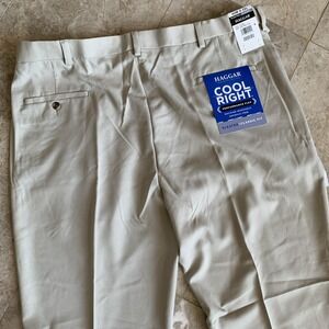 Haggar Cool Right Performance Dress Pants Mens 42x32 NWT Tan Pleated Flex Waist